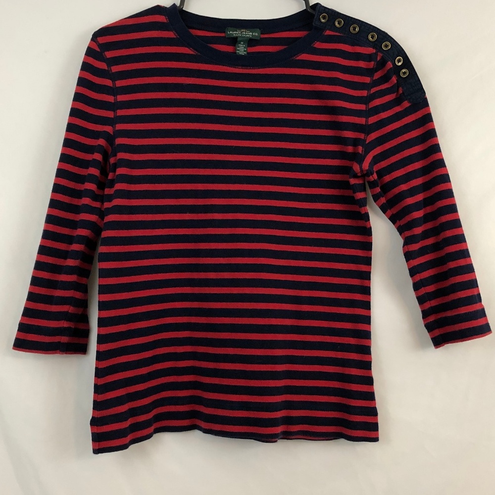 RALPH LAUREN Red Blue Striped Boat Neck Rivets Top